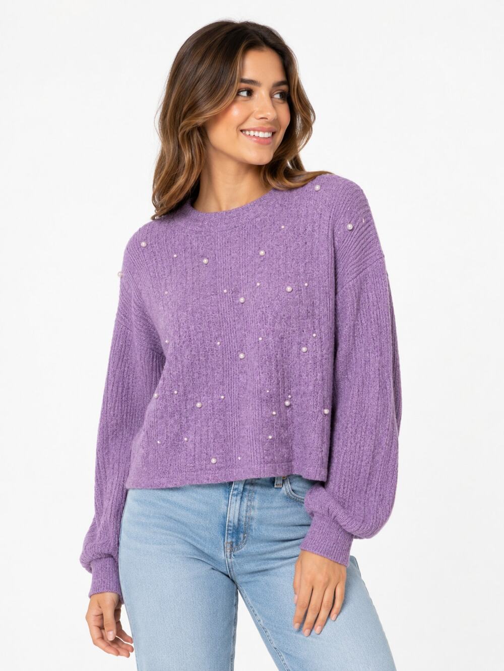 E205 Shein Purple Pearl Embellished Rib Knit Sweater Womens Small Long Sleeve